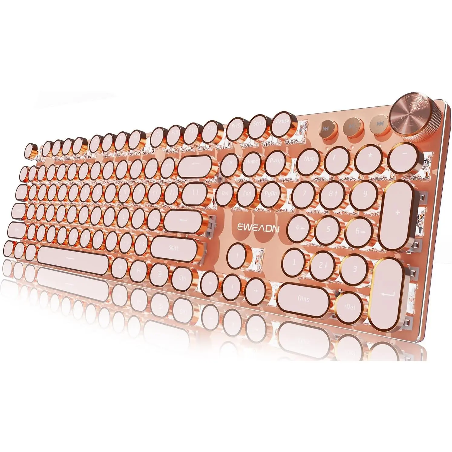 EWEADN Typewriter Style Mechanical Gaming Keyboard, Wired Mechanical Keyboards,104  Backlit LED Keyboards, Media Control Knob, Wired Computer Keyboard Pink  for Windows//PC-Pink