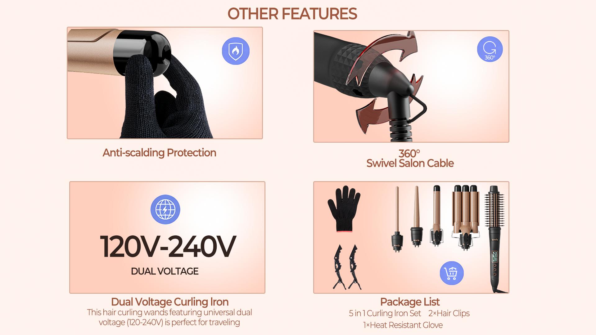 5 in 1 Curling Iron with Interchangeable Ceramic Barrels (0.35"-1.25"), Curling Wand Set with Flat Iron Hair Straightener, Instant Heat Up, Dual Voltage Hair Curler, Gifts for Women