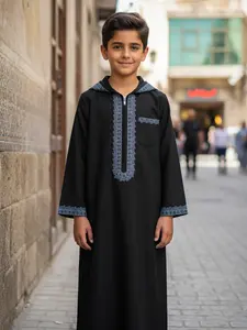 Muslim Traditional Boy Hooded Thobe Tunic, Blue Embroidered Long Sleeve with Side Pockets, Suitable for 8-12 Year Old Boys
