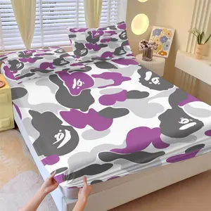 Streetwear Purple Gray Camo Ape Fitted Sheet Set, 1 Fitted Sheet + 2 Pillowcases, Stylish Camouflage Monkey Print Bedding, Soft Microfiber Bed Linen for Teens, Decorative Bedsheet Sets, All Season Bedroom Decor