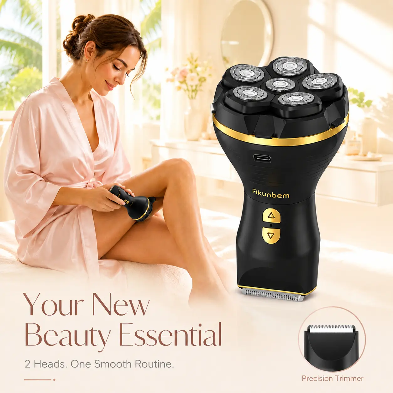 Akunbem 6D Dual Head Electric Head Shaver, 2-in-1 Rechargeable Electric Razor, Suitable for Bald Heads, Bikini Area, Face, Underarms & Legs, IPX7 Waterproof, Skin-Friendly, Smooth Shaving with Less Pulling, for Women & Men, Perfect Gift for Summer