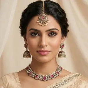 Ananya Premium Polki Lightweigt Necklace Set - 3-Piece Necklace, Earrings & Maang Tikka Set for Weddings & Festive Occasions