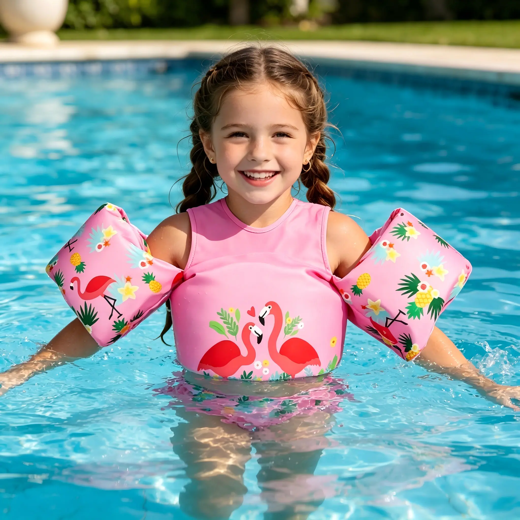 Children's Pink Flamingo Printed Swim Life Jacket - Adjustable Toddler Float Vest with Soft Padding & Arm Float Cushions for Seaside Beaches, Casual Water Entertainment, Pool Swimming Accessories, Tropical Plants, Water Parks, Swimming Pool, Lightweight,,