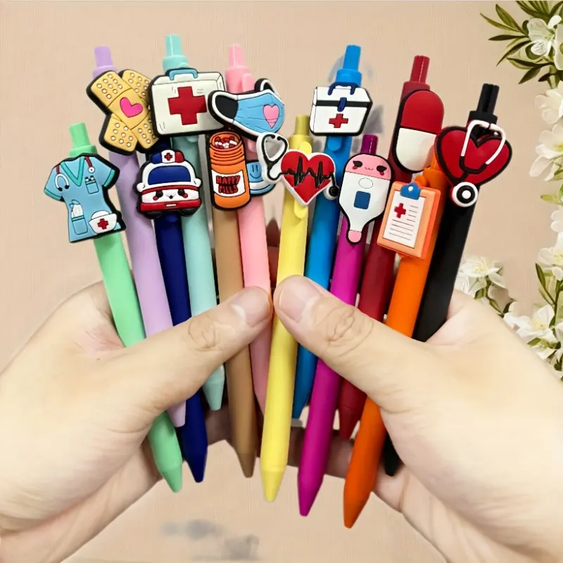 6/12Pcs Medical Doctor Pens, Fun Pens, Writing Pens, Stationery Writing Tools, Nursing Pen Set, Blue and Green Series, retractable ballpoint pens featuring heart and stethoscope designs, quick-drying ink, festive gifts, Medical Stationery