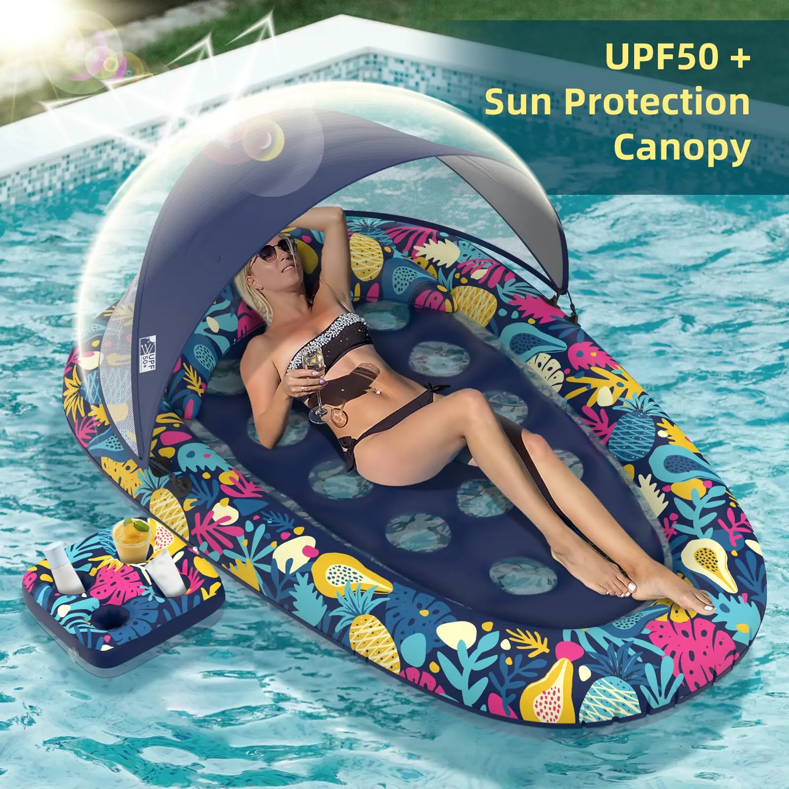 3 In 1 Pool Float Adult Inflatable Lounge Chair With Canopy Cup Holder Backrest Tanning Float For Pool Lake Beach Water Toy summer Party play lounger heavy duty hammock