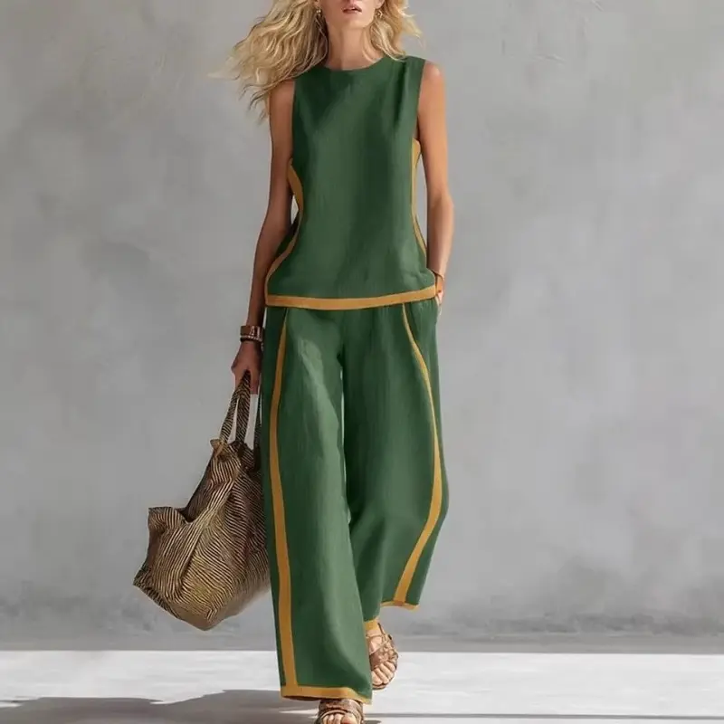 Women's 2-Piece Casual Summer Set - Round-Neck Sleeveless Vest Top, High-Waist Solid Bottoms, Versatile Practical Sets for Women 2 Piece