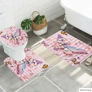 1/3Pcs Pastel styled Wall Decor with Butterflies and Flowers Bathroom Mat Set, Flannel Non Slip Bath Rug, Toilet U-Shape Mat, Toilet Lid Cover, Thickened Soft Absorb Water, Microfiber Surface Memory Foam Cushion