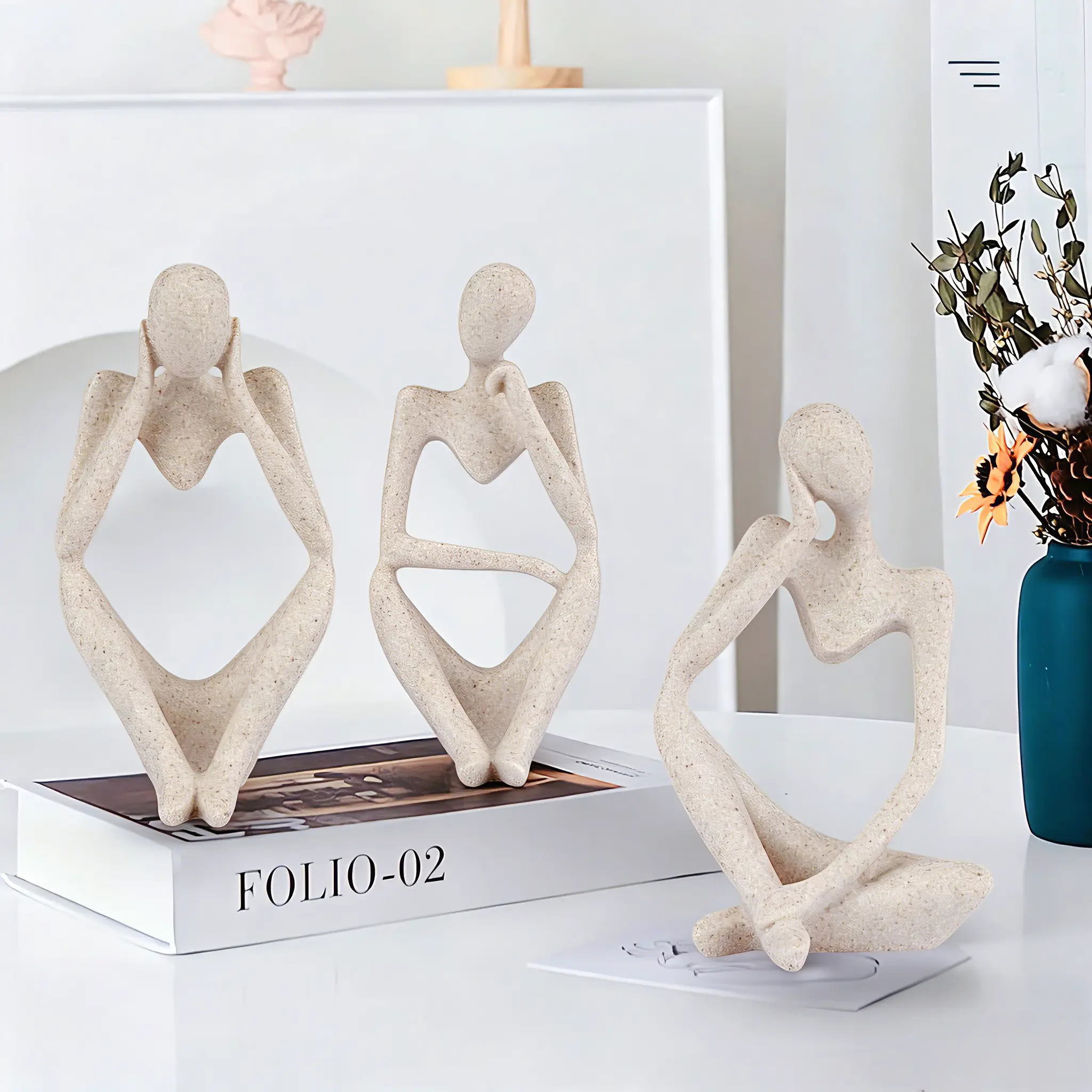 Set of 3 Resin Thinker Figurine - Little Cute Abstract Art Statue Sculpture for Desk & Bookshelf - Decorative Ornament for Bedroom, Living Room, Office & Home Decor - Adorable Unique Birthday, Housewarming & Christmas Gift Idea for Men & Women
