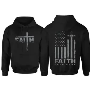 USA Flag Patriotic Hoodie, Unisex Religious Pullover for Men and Women, Retro Cross Sweater, Faith Over Fear Prayer, Perfect Gift for Jesus Lovers	
