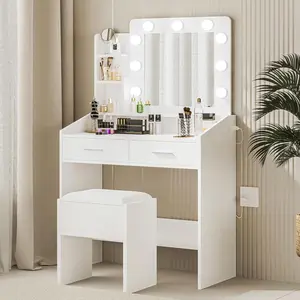 Small Vanity Desk with Mirror and Lights, Compact White Marble Modern Makeup Table with 2 Drawers, 3-Color Dimmable LED, Vanity Set with Stool for Bedroom,Livingroom,Apartment,Rental House
