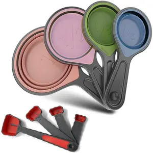 Collapsible Silicone Soft Measuring Cups and Measuring Spoons,8 pieces Portable Food Grade Silicone Cup for Liquid & Dry Measuring Baking &Utensils & Travel Measuring Cup,space saver (Pink) Kitchen Plastic Handles Measure Stackable Orange