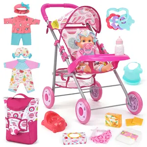 Baby Doll Stroller Set with 12.5" Doll, Baby Dining Table, Backpack with Carrier, 21 PCS Baby Doll Accessories Stroller Toys, 2 Sets Doll Clothes, Feeding Set Girls Toddlers Gifts for Pretend Play
