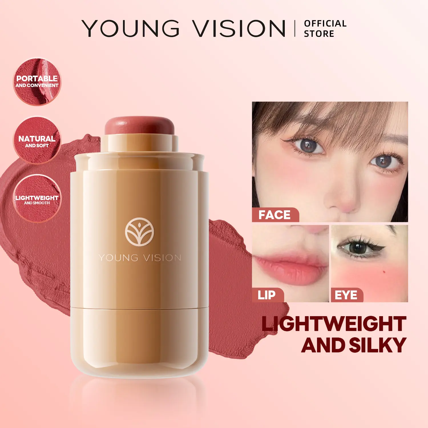 YOUNG VISION Lightweight Pocket Blush Stick, Multi-Use Creamy Blush Tint in 6 Colors, Smooth Texture, Long-Lasting Natural Look, Beauty Cosmetics Products, Daily Makeup Cosmetic Use