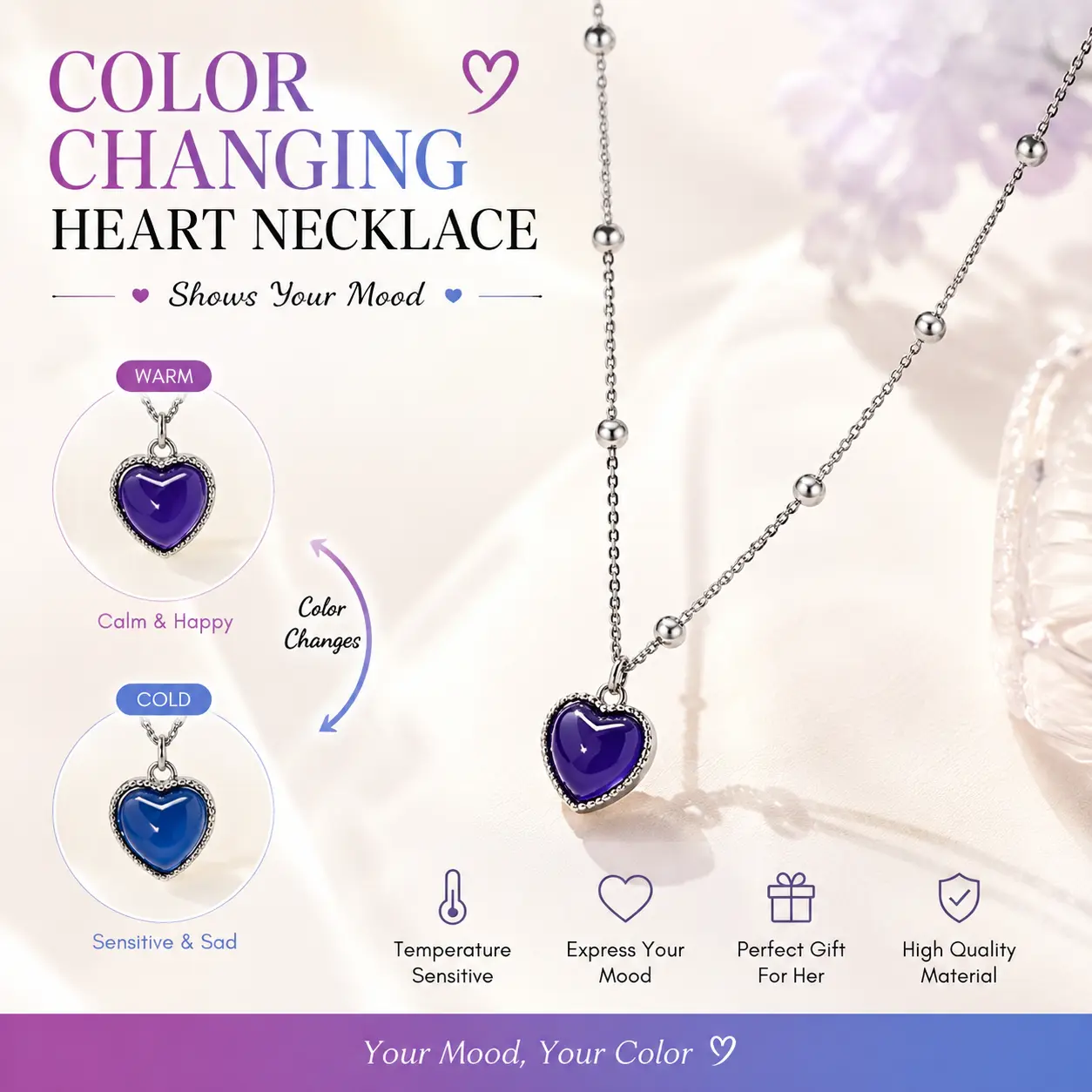 Female Metal Coated Color Changing Heart Mood Necklace, Temperature-Sensing Heart Pendant Box Chain Jewelry, Daily Wear Aesthetic Statement Piece, Ideal Gift for Women