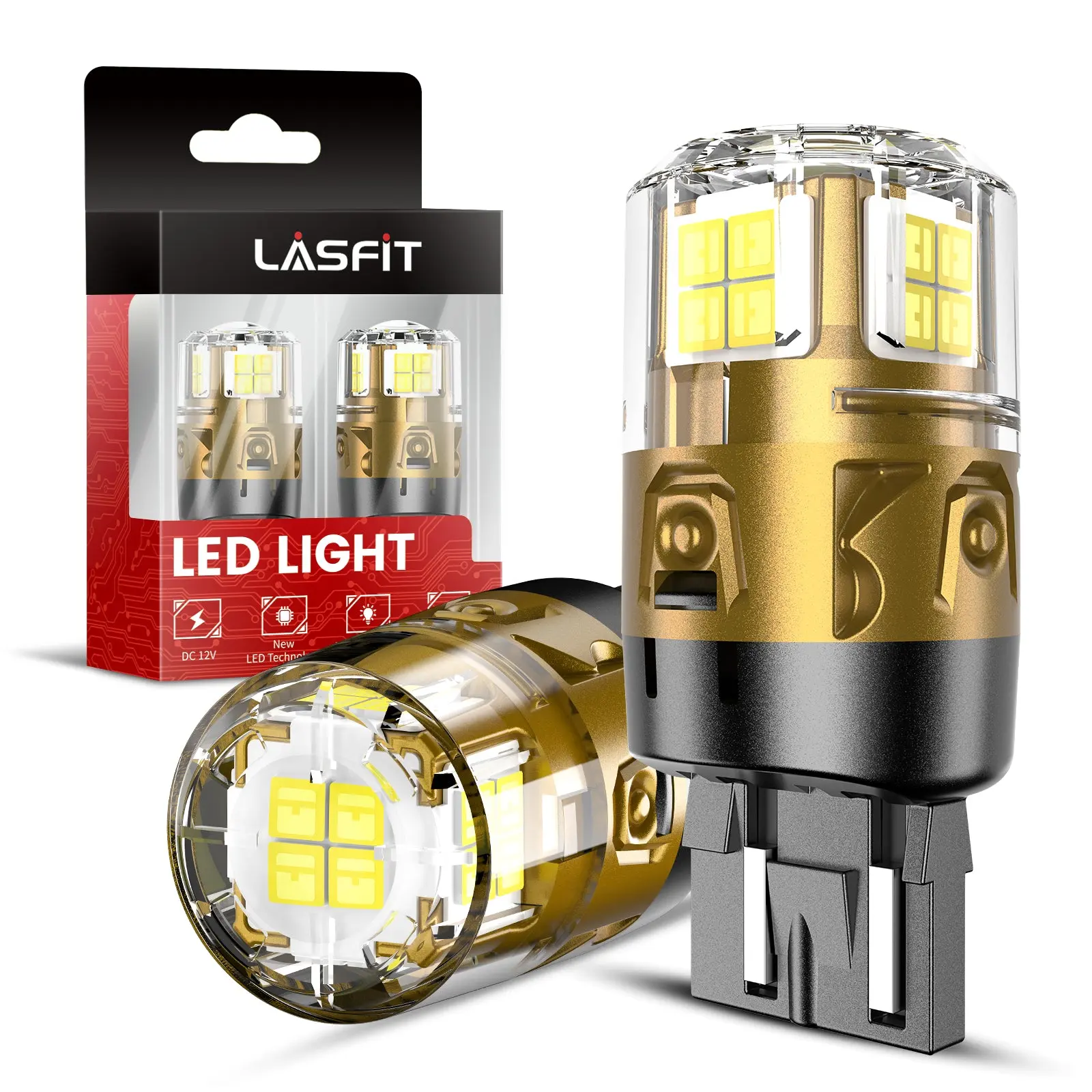 Lasfit Super Bright LED Reverse Backup Lights 2-Pack L2 Series - 2 x 7443 White Bulbs, 7440/7440a/7444/7444ll Fit, 360-Degree, 1600lm/Set, Plug-N-Play, Aluminum Alloy Frame, Constant Current IC Driver, Heat Diss., Universal OEM Car Replacement Lights
