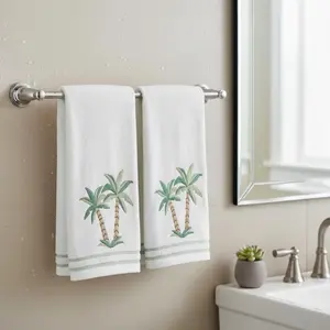 Tropical Bathroom Hand Towels- Set of 2 100% Cotton White Embroidered Palm Tree Hand Bath Towels- 16 x 25 Bath & Kitchen Decor