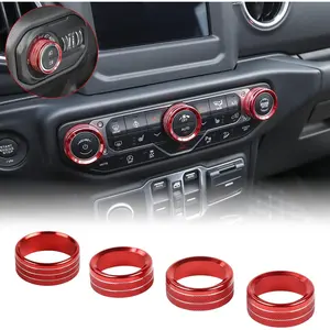 Air Conditioner Switch Knob Cover & Headlight Knob Cover Aluminum Alloy AC Button Trims Compatible with Jeep Wrangler 2018-2023 JL JLU & 2020-2023 Gladiator JT with Specific Dial Panel, Red