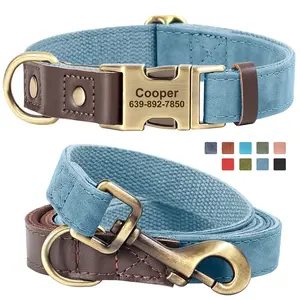 Personalized Dog Collar Leash PU Leather Dog Collars With Walking Lead Rope Free Custom Pet ID Necklace for Small Large Dogs Pug