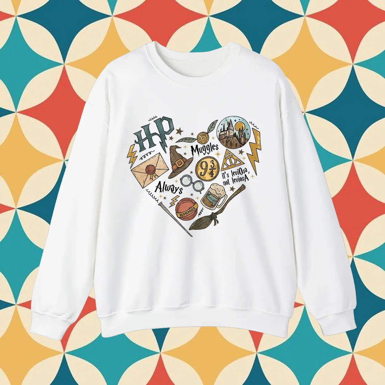 Magical Wizard Elements Heart Shape Graphic Sweatshirt And T-Shirt | Magic Academy Potterhead Castle Broom Hat School Aesthetic Pullover Gift