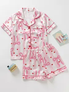 Girls' 2-Piece Pajama Set, Striped Bow Heart Print, Button Front Short Sleeve Top + Elastic Shorts, All Season Comfortable Sleepwear, Striped Pajama Sets, Collared Pajama Set