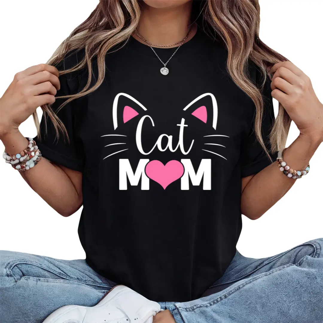 Men's Funny Cat Mom Graphic T Shirt Heavyweight 180gsm Oversized Relaxed Fit Black with Pink Cat Ears & Paw Print Lettering Casual Casual Attire Mother's Day Gift for Cat Lovers Cat Dad ShiSame Style for Men and Women 2026 Summer Shirt Sleeved