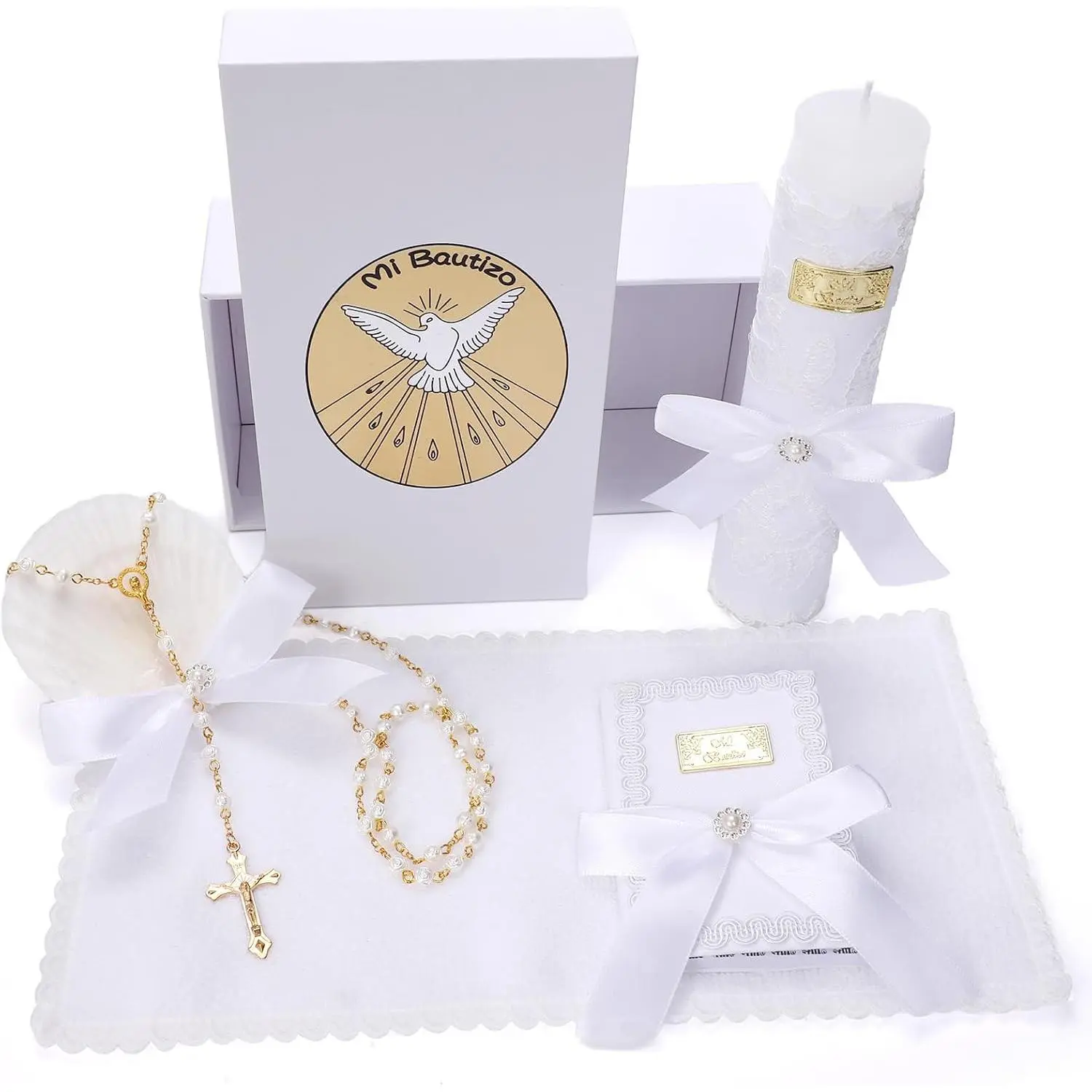Baptism Candle Set for Boys and Girls,5 PCS Baptism Kit Catholic Candle,Baptism Shell,Towel,Rosary, for  Dedication Christening Gift,Velas para Primera Comunion De Nino Bautizo De Nina