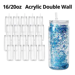 25/50pack Clear Plastic Double Wall Snow Globe Tumblers with Lids and Straws, Pre Drilled Double Insulated Acrylic GlitterCups | Reusable Party Cups for Iced Coffee, Bubble Tea, DIY Crafts & Events | BPA-Free