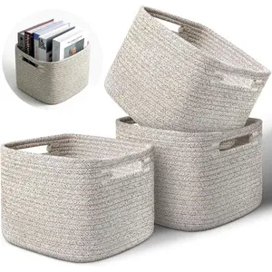 3 Pack Cotton Rope Storage Baskets, 9"x9"x7" Cube Organizer Bins with Reinforced Handles for Toys, Clothes, Towels, Shelf – Natural Gift Baskets for Nursery, Bathroom, Pantry