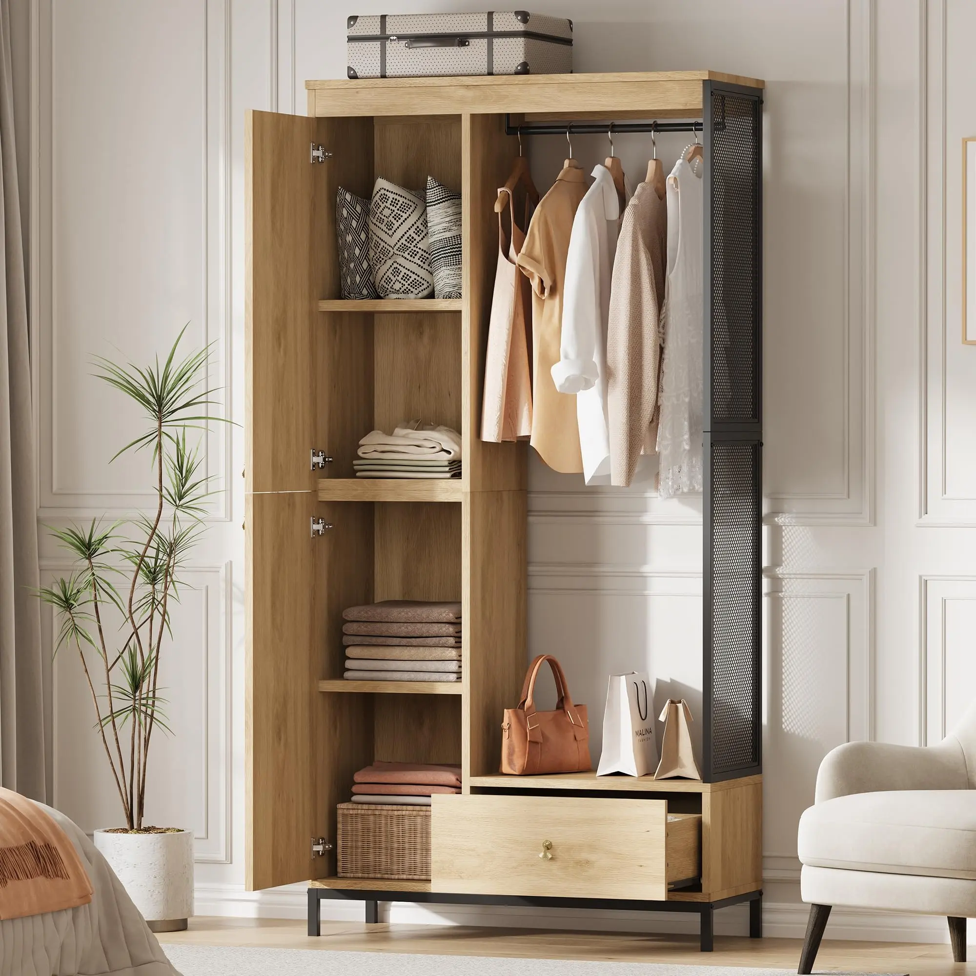 Garvee 78.9in Sturdy Modern Bedroom Armoire Wardrobe Closet - Single Unit Engineered Wood Cabinet with Shelves, Hanging Rod, 1 Drawer, Open Hanging Area, Large Fixed Compartment for Bedding & Luggage, Metal Frame, Natural, Easy Install