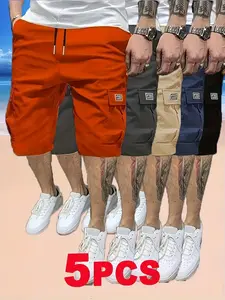 Men’s Summer 5-Pack Casual Cargo Shorts with Drawstring and Multiple Pockets, Knee-Length