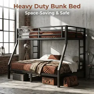 Metal Twin over Full Bunk Bed for Teens and Adults Space-Saving Noise Reduced No Box Spring Needed Black Solid Construction Durable Electrostatic Powder Coating Under Bed Storage Safety Design Easy Assemble