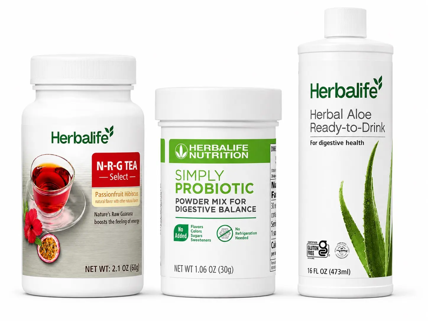 Herbalife Daily Wellness Bundle, N-R-G Tea Select 2.1 oz + Simply Probiotic 1.06 oz + Herbal Aloe Ready-To-Drink 16 fl oz, Healthy, Dietary, Guarana, Bloating Relief, Gut Support, Digestive Health
