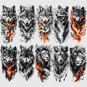 10 Pcs Tribal Flame Wolf Lion Tattoo Stickers, Unisex Full Body Art Decals, Perfect for Parties & Events, Long-Lasting Design
