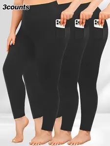 【Plus Size】 Solid High Waist Pocket Leggings, Casual Comfy Breathable Skinny Pants for Women, Women's Bottoms for Fall & Winter, Tight Leggings