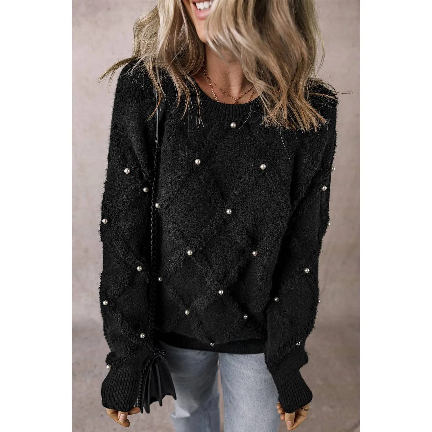 Pearl Embellished Rhombus Pattern Sweater