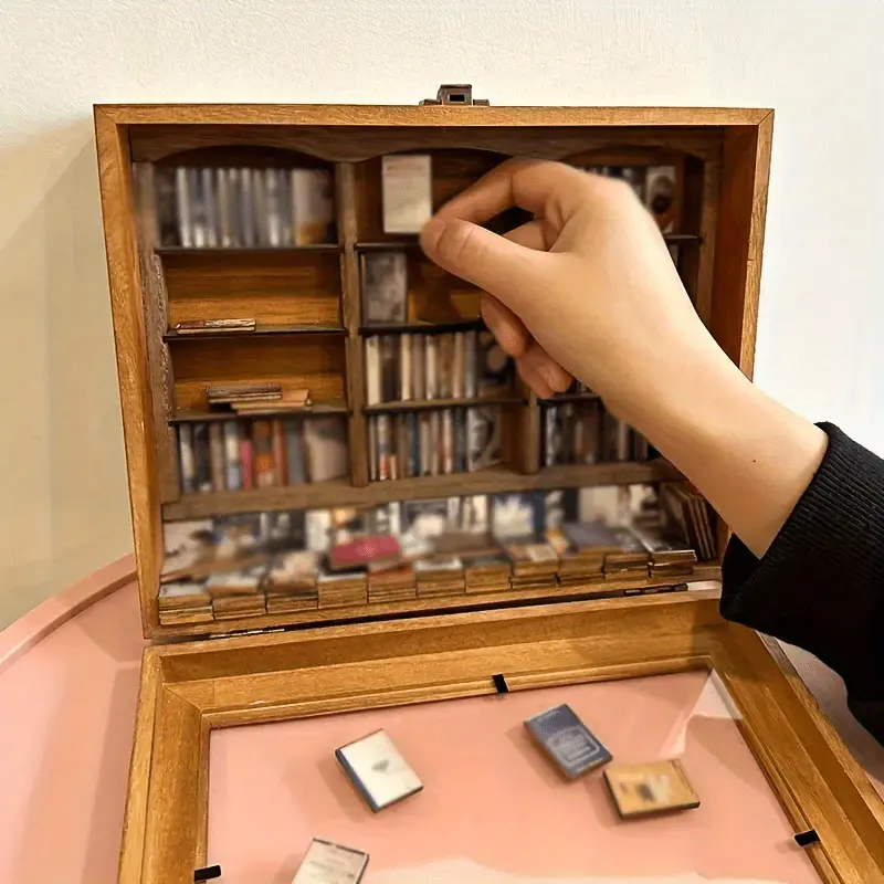 Solid Wood Artistic Miniature Bookshelf with Folded Mini Books - Office Desk Organizer, Wood Collectible Room Accessory, Gift-Worthy Matchbox Library Display Cabinet with Miniature Book Bookends, Fidget Box Bookends, Art Box Bookends