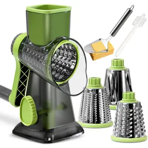 KEOUKE Rotary Cheese Grater with Handle Vegetable Cheese Shredder Slicer Grater for Kitchen 3 Changeable Blades for Cheese Potato Zucchini Nuts Chocolate (Green SP)