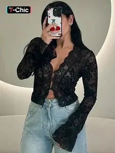 Leopard Print Mesh See Through Long Sleeve T-shirt Top Crop Tops Tshirts Streetwear Womenswear For Women Casual Trendy Shirt Casual Chic
