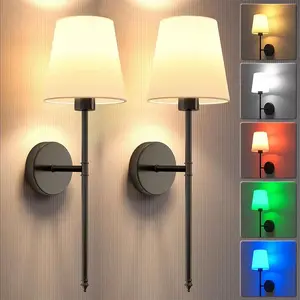 Battery Operated Wall Sconce Set of 2 Black Rechargeable Wall Lights Wireless Wall Lamps for Bedroom Living Room Hallway Decor with 2000mA Battery Capacity USB-C RGB Bulbs