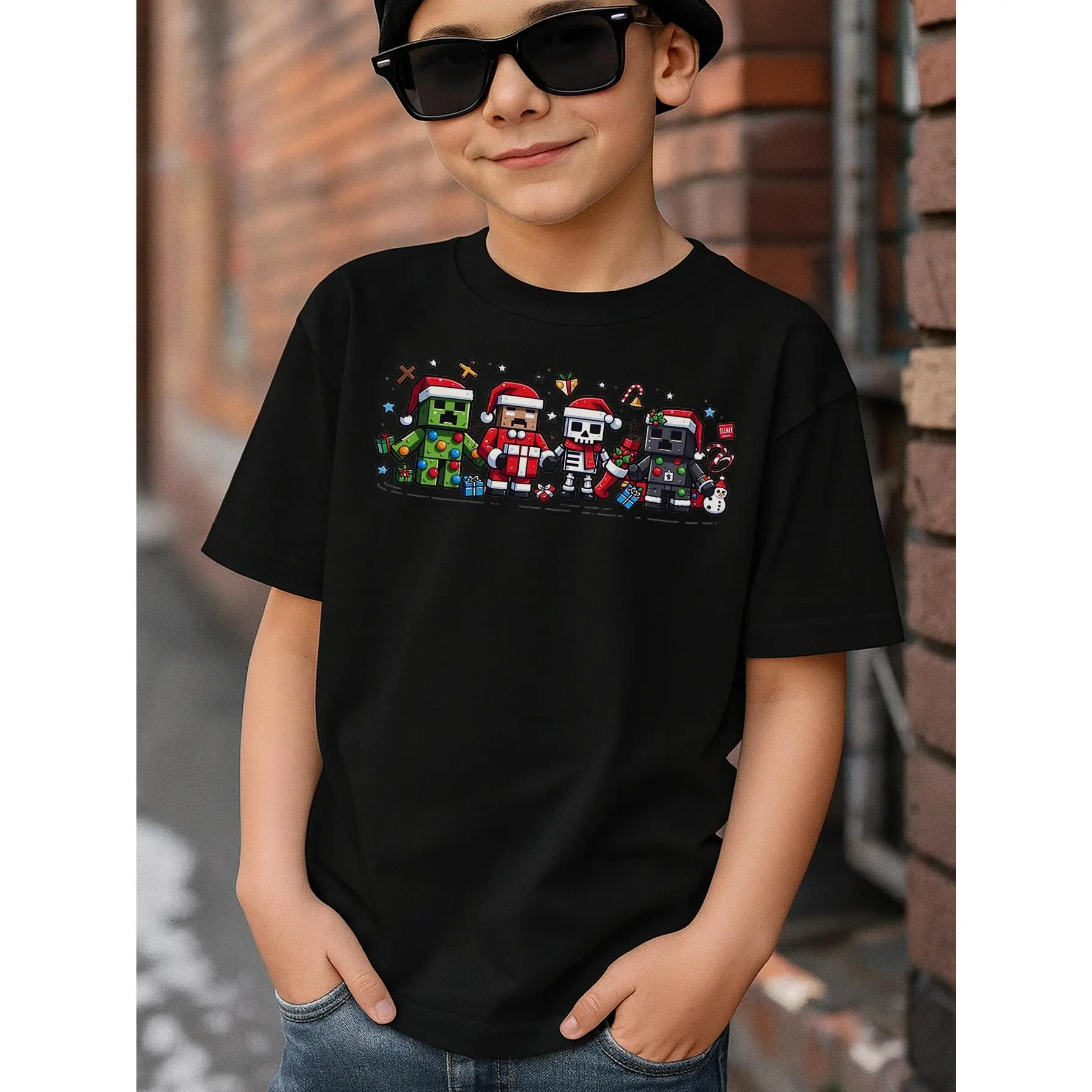 Young Boy's Game Pixel Christmas Characters T-Shirt, Cute Block-Style Holiday Santa & Friends Christmas Characters Funny MEME Graphic Cotton T-Shirt For Young Boys, Black 100% Cotton T-shirts With Minecraft Christmas Characters Stranger Style Up Side Down