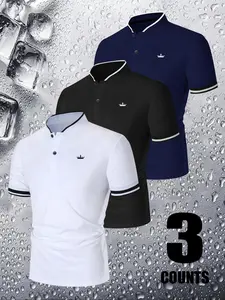 Men's Regular Fit Striped & Letter Print Polo Shirt, Golf Shirt, Golfing Shirt, Golf Tournament Shirt, Casual Short Sleeve Collared Top for Summer, Fashion Men's Clothes for Daily Wear, Tropical
