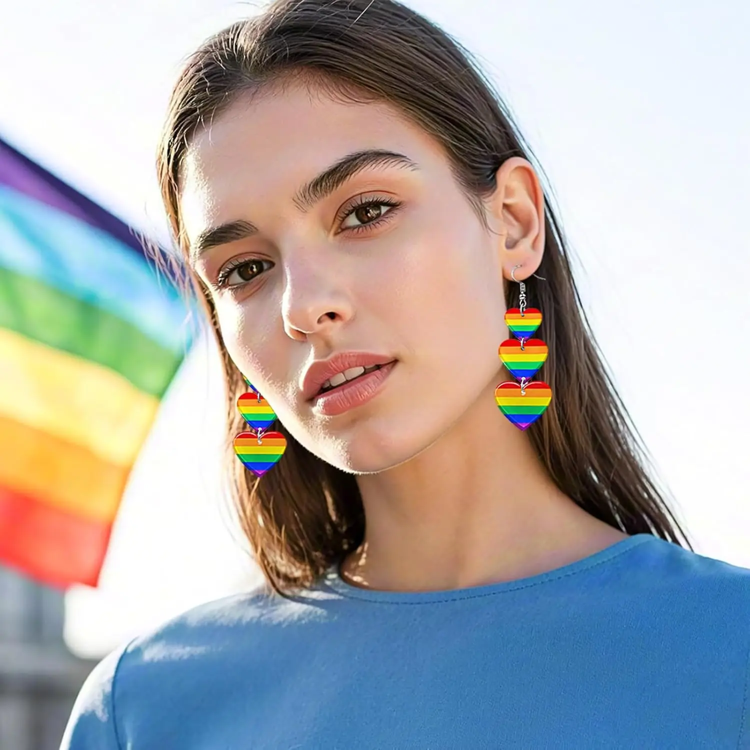 Women's LGBTQ Rainbow Pride Drop Earrings, 3-Tier Heart Design Female Costume Jewelry for Lesbian Pride Month, Daily Accessories, Transgender, Bisexual, Birthday, Heart Shaped Earrings, Dangle Earring