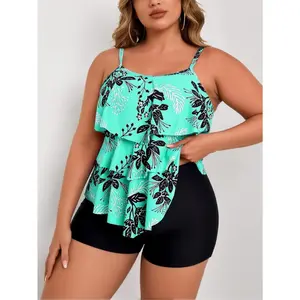 2026 Plus Size Mint Tropical Print Tankini Set | Tiered Ruffle Spaghetti Strap Top + High Waist Boyshorts | Modest Curvy Beach Bathing Suit