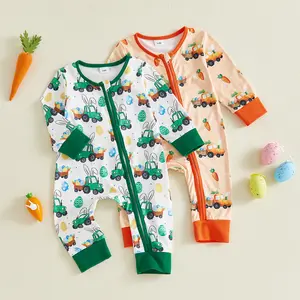 Baby Boy Easter Romper Long Sleeve Round Neck Bunny Truck Print Jumpsuit Newborn Footless Pajamas