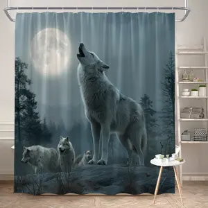 1Pc Howling Wolf Bathroom Shower Curtain Polyester Fabric Bath Hanging Curtain with 12 Hooks in 70.8x70.8 Inch, Wilderness Decor Featuring Majestic Wolves Under Full Moon, Perfect for Nature Lovers