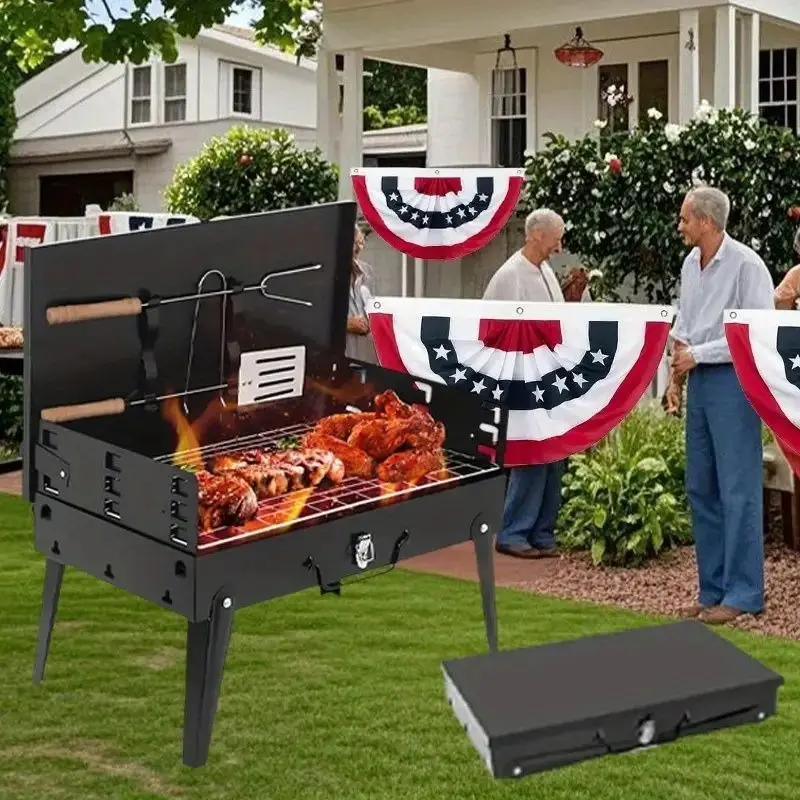 Portable Charcoal BBQ Grill, 16.7in x 42.4cm Folding Windproof Thick Toolbox Design, 3 Height Modes for 3-5 People, Outdoor Camping Picnic Heater Cooker, Portable Portable Barbecues