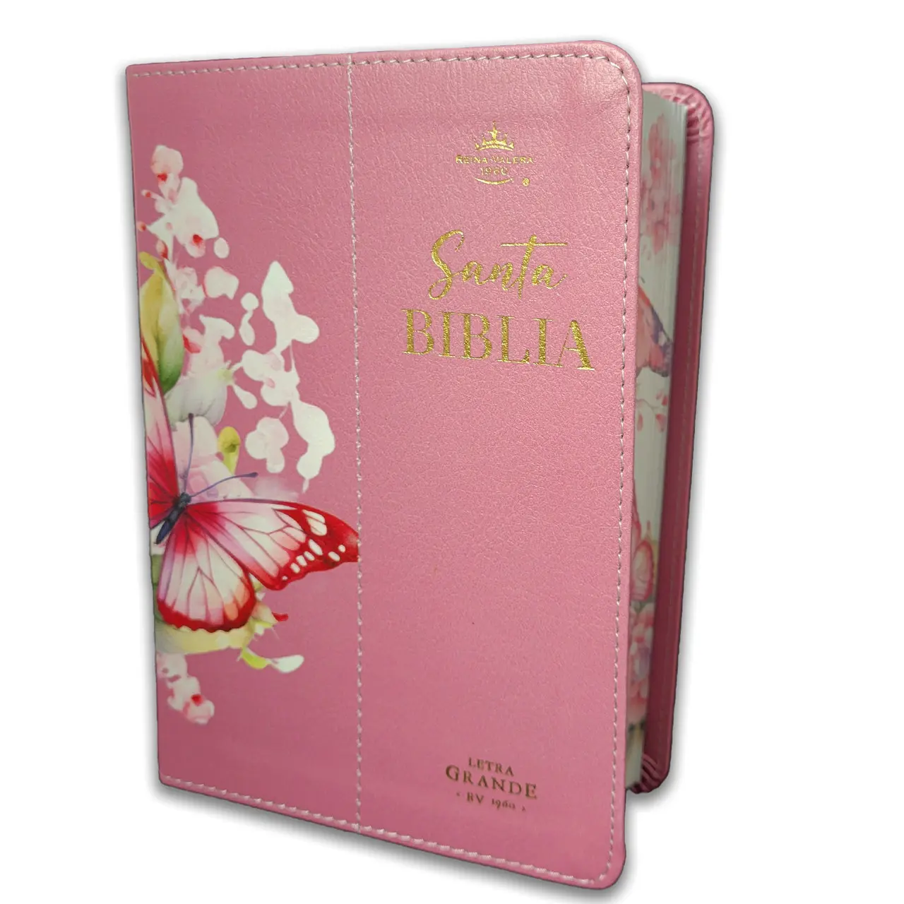 Biblia Portátil 12 puntos RV1960, imit piel flores rosa con canto floral