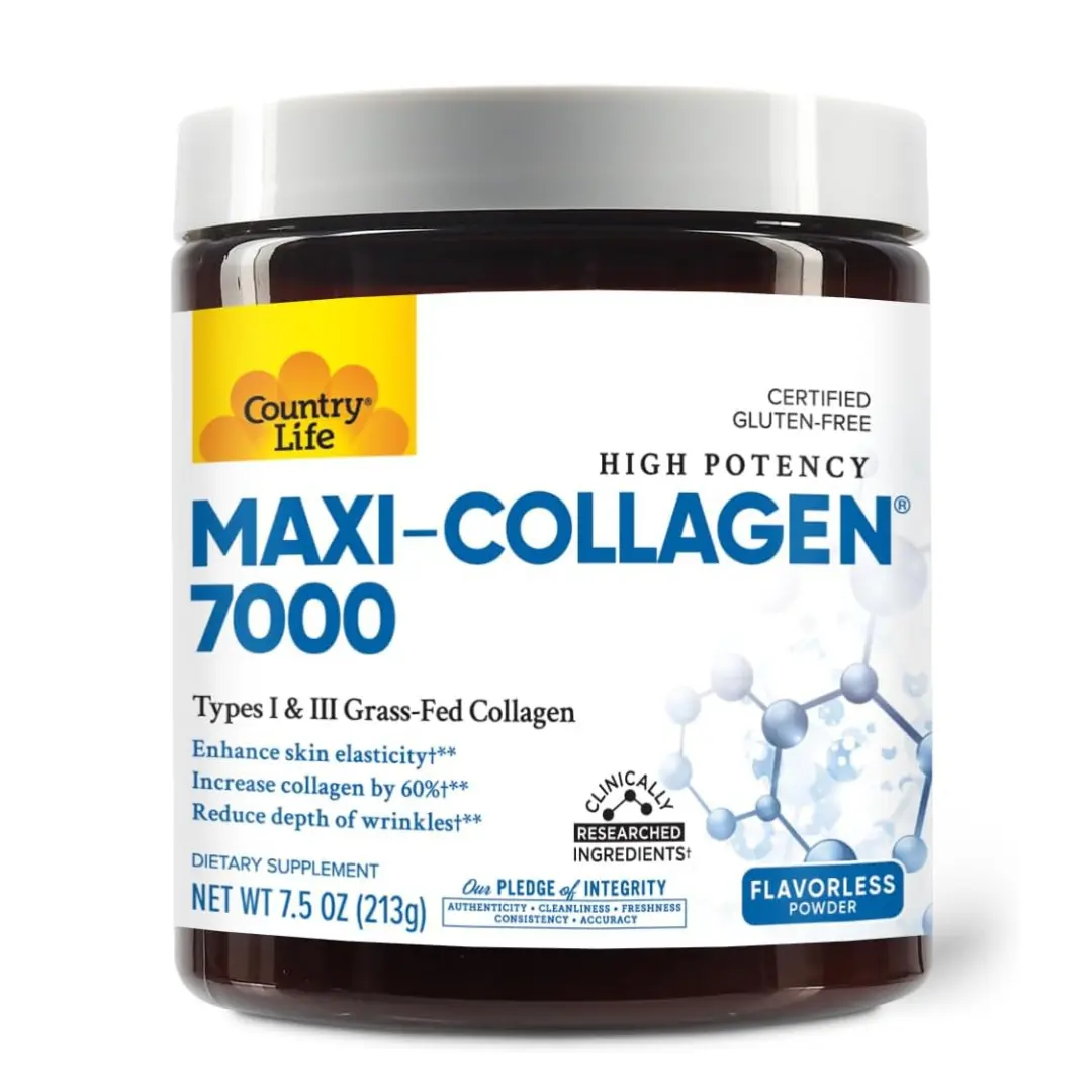 Country Life Maxi-Collagen 7000 Powder - Verisol Bioactive Collagen Peptides, Vitamin C, A & Biotin, 4,500 mg Types I & III Grass-Fed Collagen - Supports Skin, Hair, Nails & Joint Health, 7.5 oz, Beauty Supplement, Collagen for Woman