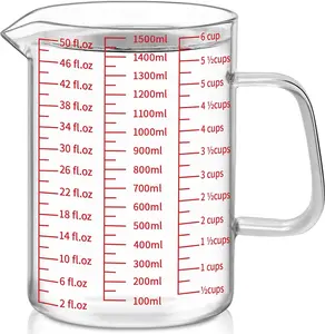6 Cups Glass Measuring Cup, Easy to Read with 3 measurement scales (Ml/Oz/Cup), Insulated Handle and V-shaped Spout, High Borosilicate Glass Measuring Cup, Ideal for Kitchen or Restaurant