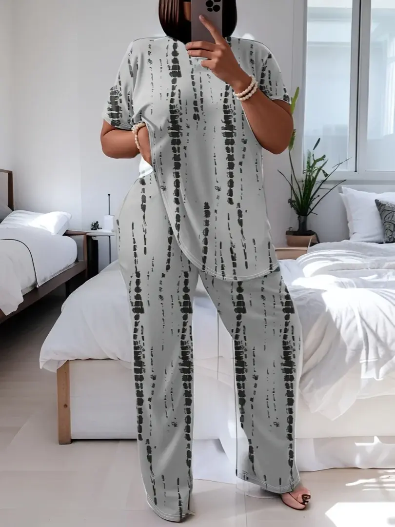 Women's Plus Size 2-Piece Loungewear Set - Abstract Tie Dye Shortsleeve Top & Wide Leg Pants, Soft Stretchy Fabric, Casual Loose Fit, Matching Streetwear for Summer Travel Vacation, Plus Size Fashion Casual Women's Set, Camping Essentials, Woman 2 Piece S